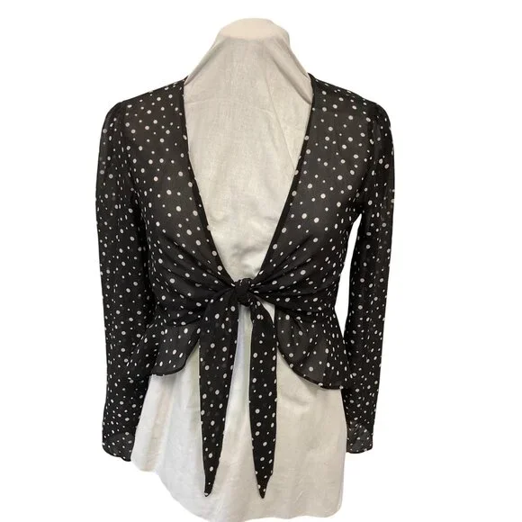 NWT-Urbsn Outfitters Polka Dot Sheer Black Long Sleeve Tie-Front Blouse - Picture 1 of 5